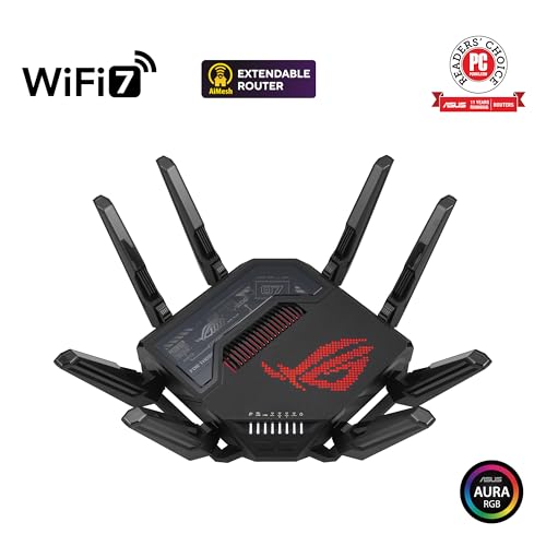 ASUS ROG Rapture GT-BE98 Quad-band WiFi 7 AiMesh Extendable Gaming Router, 25Gbps, 320MHz, 4K-QAM, Dual 10G Ports, Quad 2.5G Ports, Subscription-free Network Security, VPNs, 4G LTE/5G Mobile Tethering