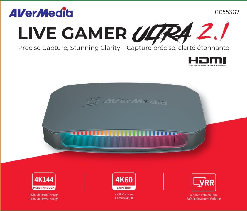 AVerMedia GC553G2 Live Gamer ULTRA 2.1 - 4K60 USB Capture Card with 4K144 & 1080p360 Passthrough, HDMI 2.1, VRR, Plug & Play, Low Latency Streaming for PS5, Xbox, Switch, OBS, Mac, Windows 11, PC