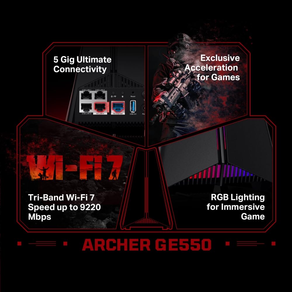 TP-Link Archer GE550 BE9300 Tri-Band WiFi 7 Gaming Router, 5G Multi-Gigabit Game Ports for Ultimate Speed Experience, WiFi Router up to 9220 Mbps Speed, 4K-QAM, 6 GHz Smart Roaming with Easy-Mesh
