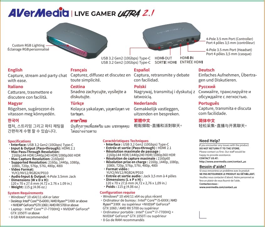 AVerMedia GC553G2 Live Gamer ULTRA 2.1 - 4K60 USB Capture Card with 4K144 & 1080p360 Passthrough, HDMI 2.1, VRR, Plug & Play, Low Latency Streaming for PS5, Xbox, Switch, OBS, Mac, Windows 11, PC