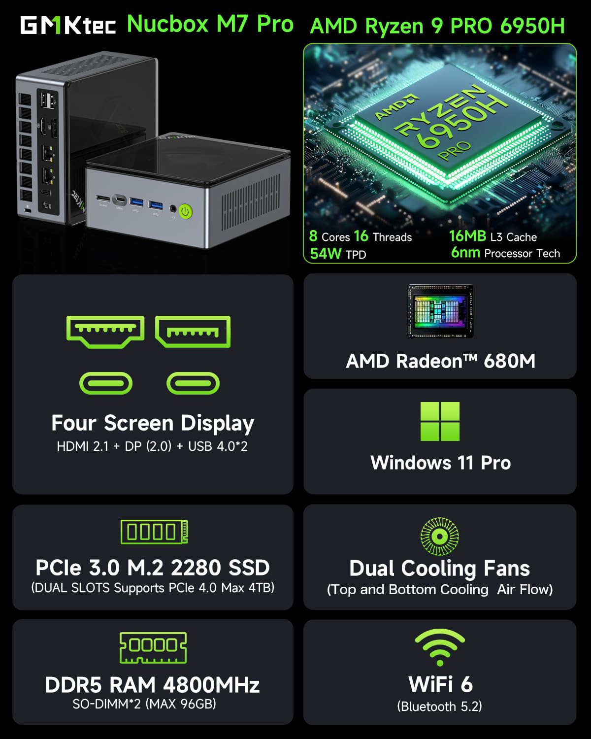 GMKtec M7 AMD Ryzen 7 Gaming Mini PC 6850H(8C/16T 4.70Ghz) Windows 11 Pro Dual LAN 2.5Gbps Micro PC,16GB DDR5 4800MHz Dual Channel (8GB*2) 512GB PCIe NVME SSD/USB4.0/HDMI/DP/USB-C/WiFi 6/BT 5.2