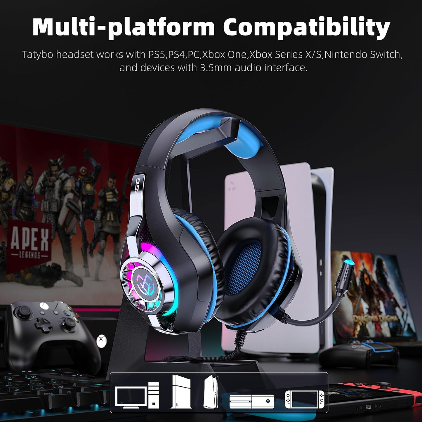 Gaming Headset for PS4 PS5 PC Xbox Series, 3.5 mm Deep Bass Stereo Surround Sound PS4 Headset with Noise Cancelling Microphone for Laptops, Tablets, Mac