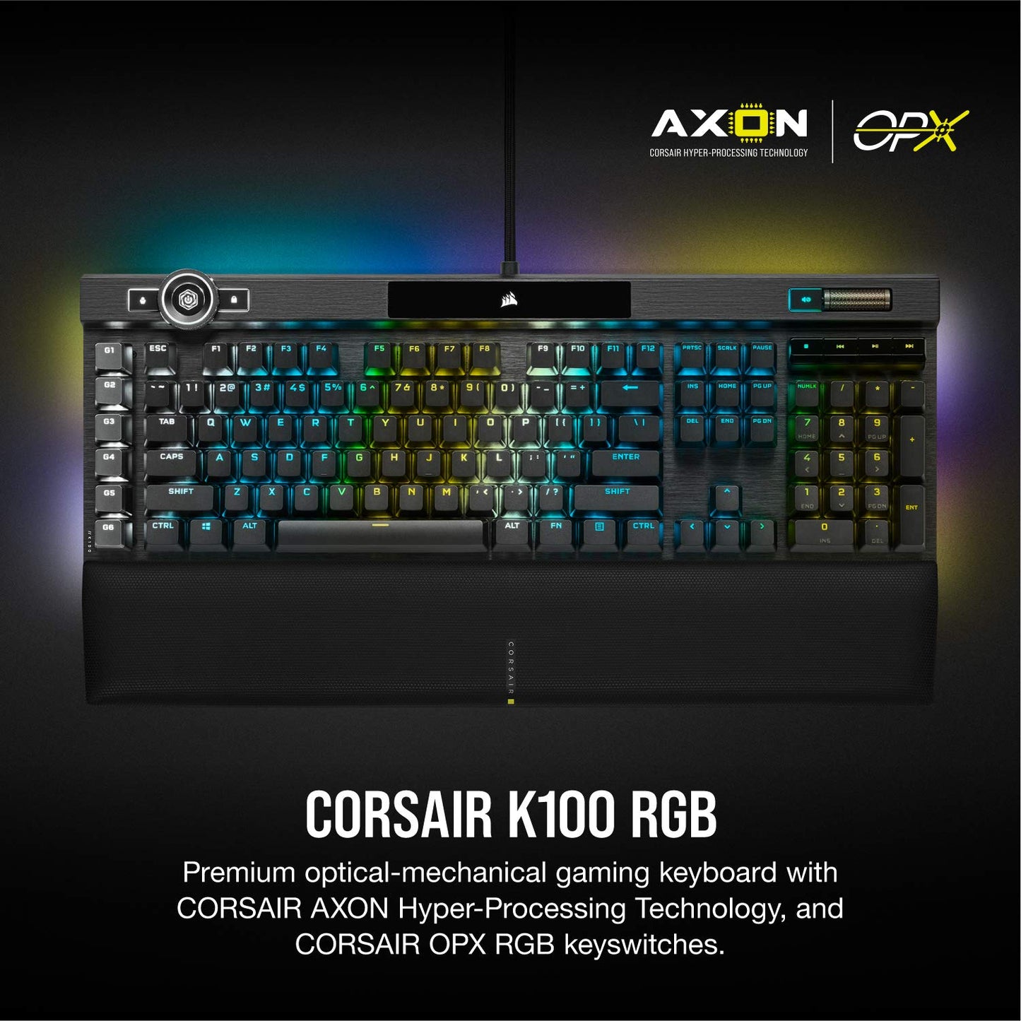 Corsair K100 RGB Optical-Mechanical Gaming Keyboard (CORSAIR OPX Keyswitches: Hyper-fast & Linear, Leatherette Palm Rest, PBT Double-Shot Keycaps, Elgato Stream Deck Integration) QWERTY, Black