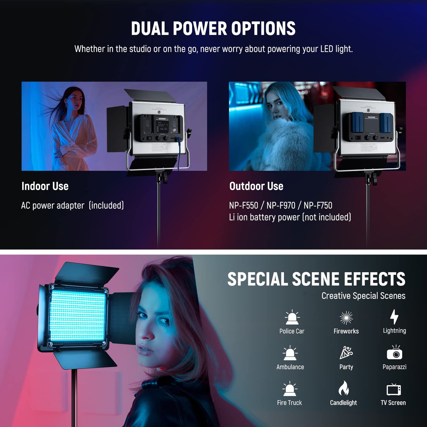 NEEWER Upgraded 660 PRO II RGB LED Video Light with App Control & Tripod Stand Kit, 2 Pack 50W/1% Min Dimming/CRI97+/3200~5600K Key Lighting for Game Streaming YouTube Recording Studio Photography