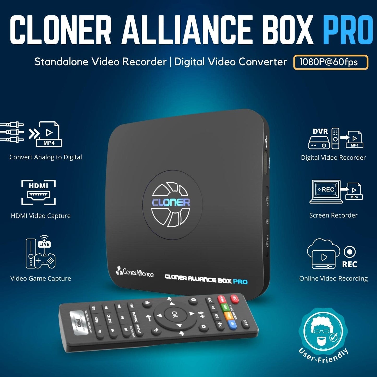 ClonerAlliance Box Pro, 1080p@60fps Video Recorder, DVR with HDMI Capture, Playback on TV. RCA/YPbPr/VGA to Digital Converter. No PC Required. Supports PVR/OTA.