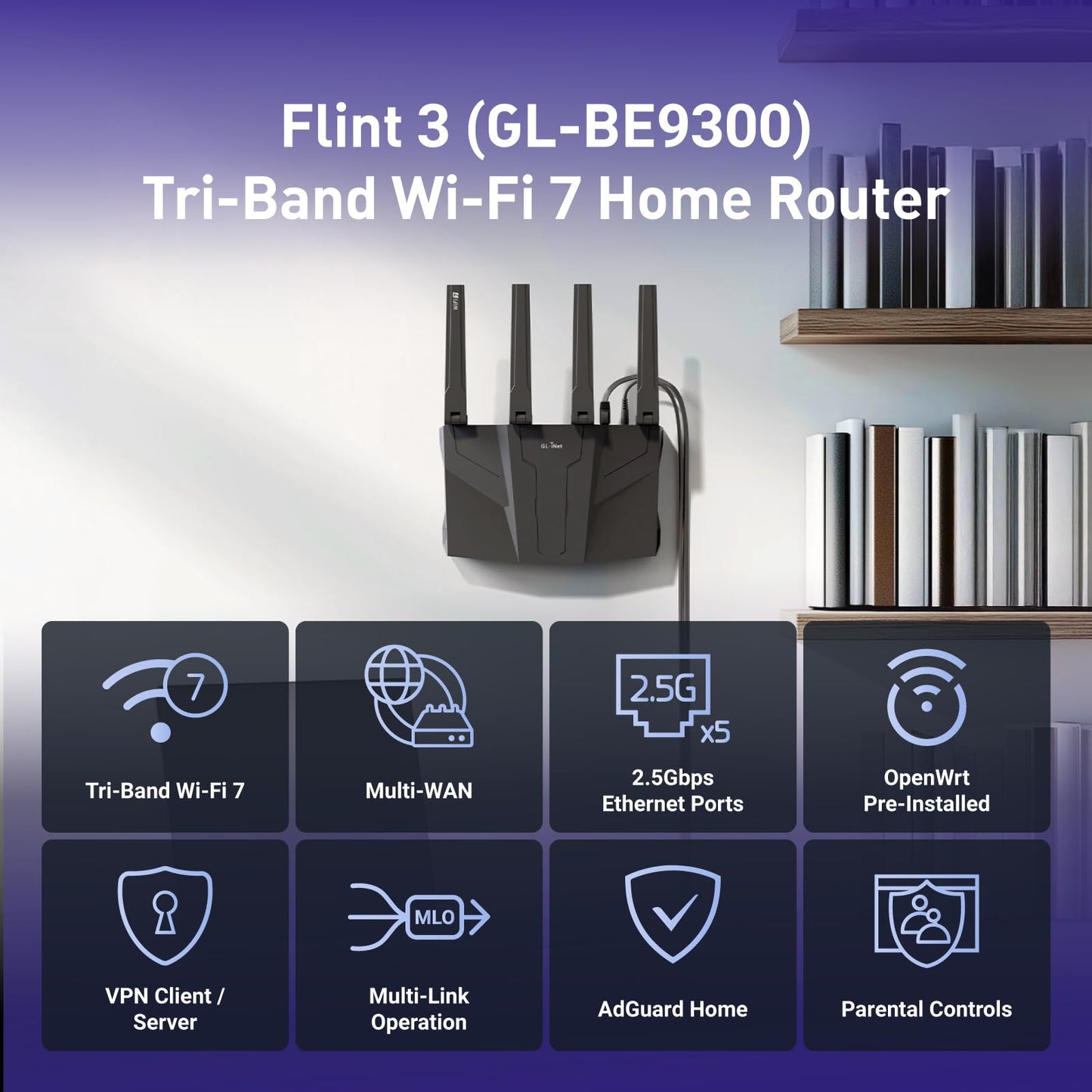 GL.iNet GL-BE9300 (Flint 3) Tri-Band WiFi 7 Router, High-Speed 6GHz Gaming WiFi Router for Wireless Internet, Long range, 5 x 2.5G VPN Routers for Computer Routers, Home Streaming & Business