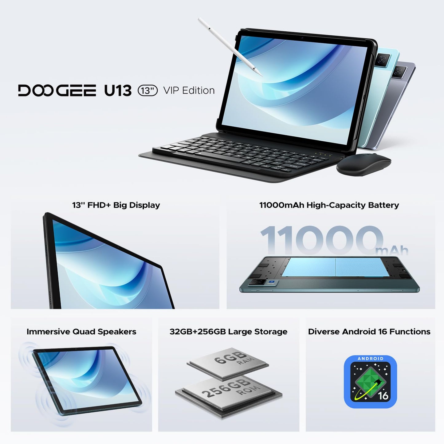 DOOGEE U13 Android 16 Tablet 13 inch Tablets, 32GB RAM+256GB ROM(2TB TF) Android Tablets with 1920×1200 90Hz Screen & 13MP/5MP Cameras, 11000mAh Battery Gaming Tablet with Keyboard Mouse Pen Case-Gray