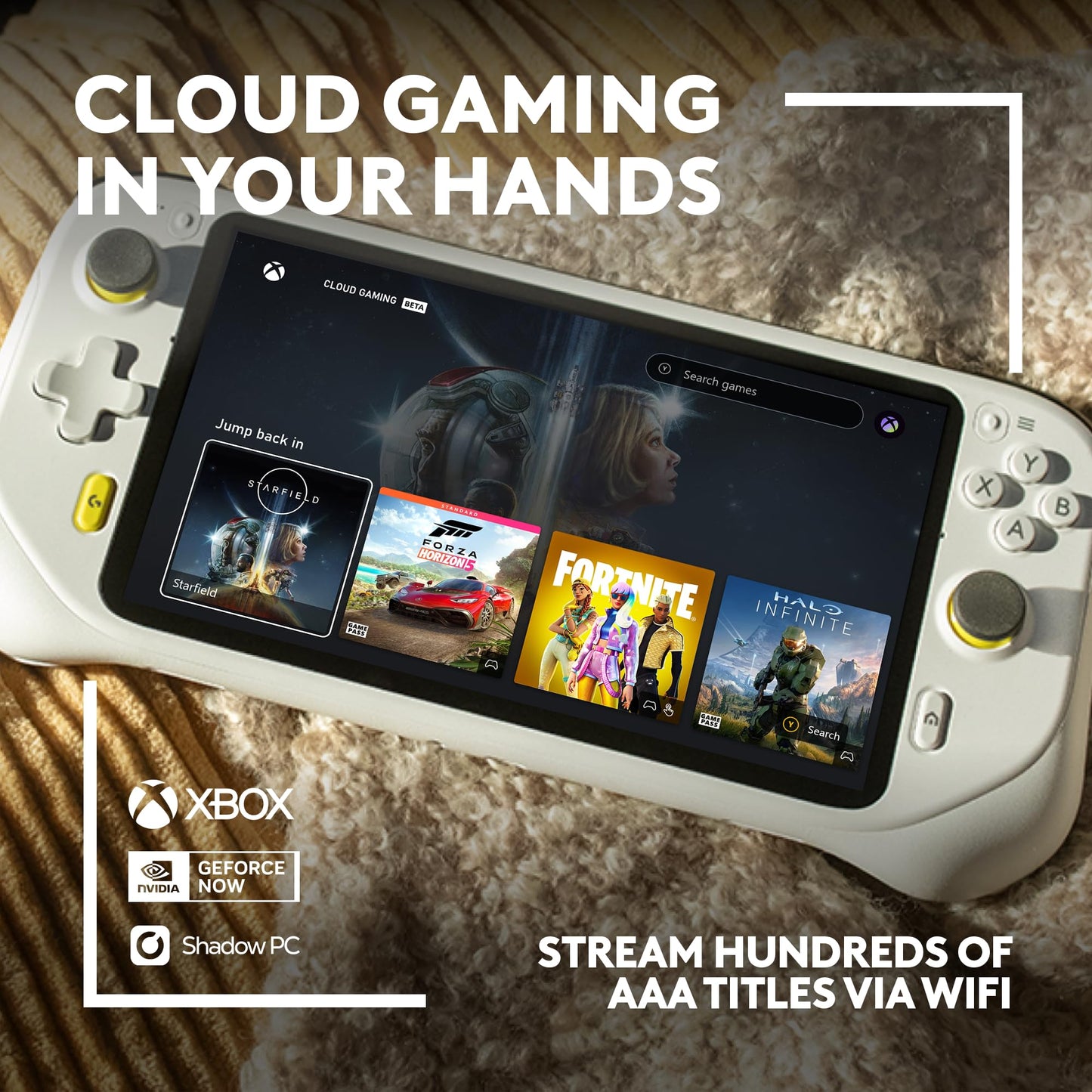 Logitech G Cloud Gaming Handheld, Portable Gaming Console with Long Battery Life, 1080P 7-Inch Touchscreen, Lightweight Design, Xbox Cloud Gaming, NVIDIA GeForce NOW, Google Play - UK plug - White