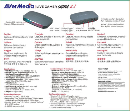 AVerMedia GC553G2 Live Gamer ULTRA 2.1 - 4K60 USB Capture Card with 4K144 & 1080p360 Passthrough, HDMI 2.1, VRR, Plug & Play, Low Latency Streaming for PS5, Xbox, Switch, OBS, Mac, Windows 11, PC